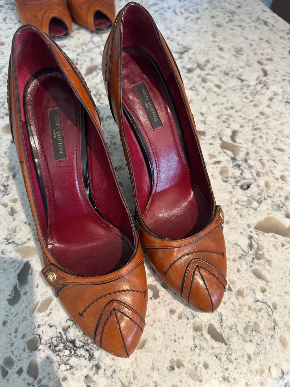 Louis Vuitton Tan Leather Pointed Toe Pumps with Burgundy Lining